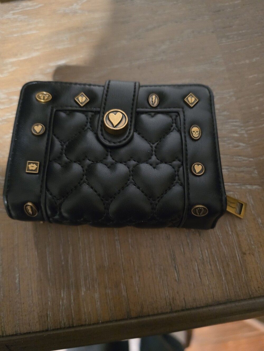 Betsey Johnson Black Quilted Heart Wallet with Gold Stud Details